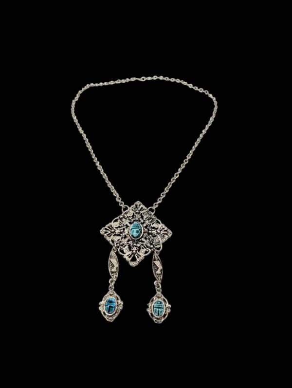 Egyptian Revival Scarab Pendant Necklace – Silver Tone, c.1970s