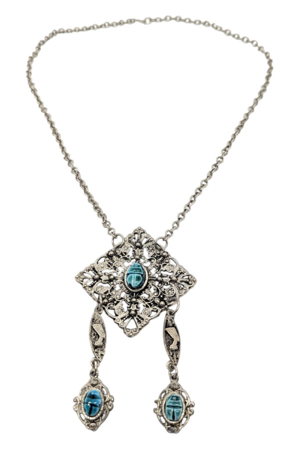 Egyptian Revival Scarab Pendant Necklace – Silver Tone, c.1970s