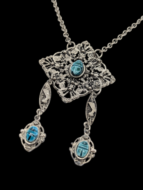Egyptian Revival Scarab Pendant Necklace – Silver Tone, c.1970s