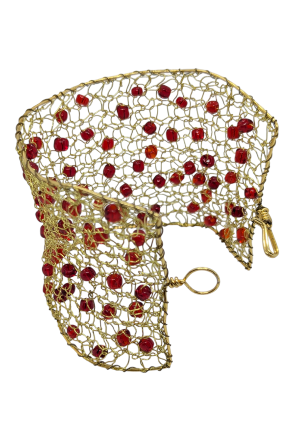 Gold Wire Mesh Cuff Bracelet with Red Beads – Handmade Boho Style