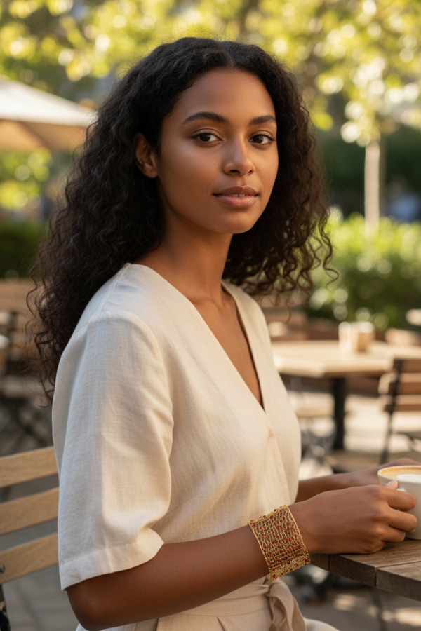 Gold Wire Mesh Cuff Bracelet with Red Beads – Handmade Boho Style