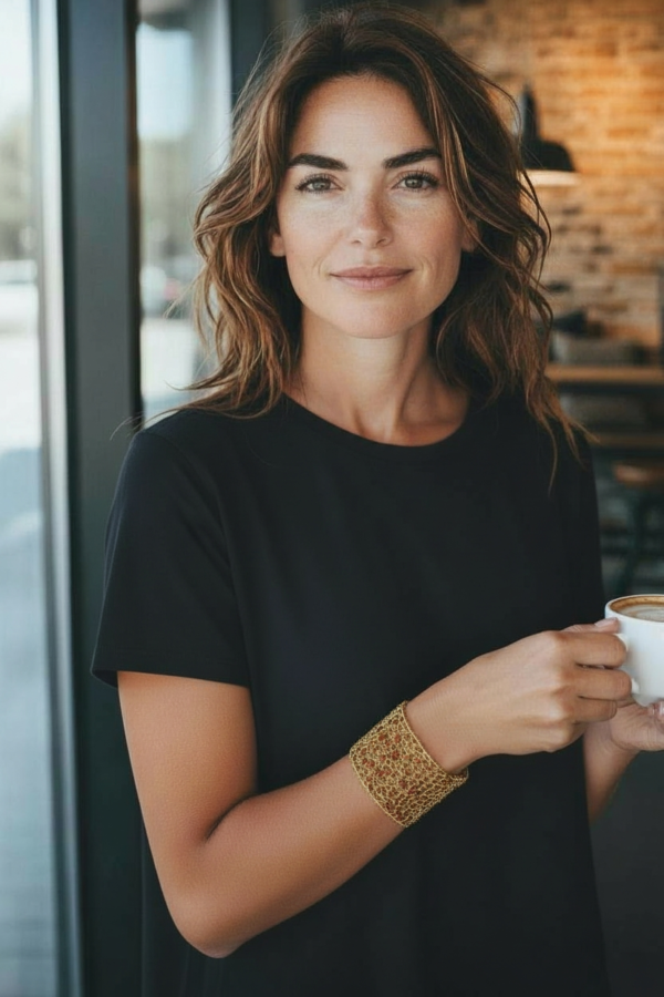 Gold Wire Mesh Cuff Bracelet with Red Beads – Handmade Boho Style