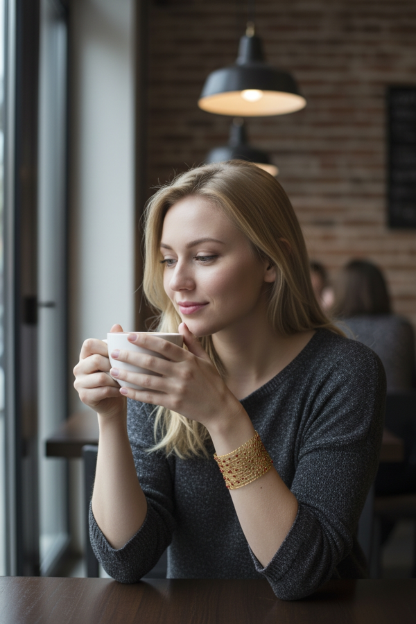 Gold Wire Mesh Cuff Bracelet with Red Beads – Handmade Boho Style