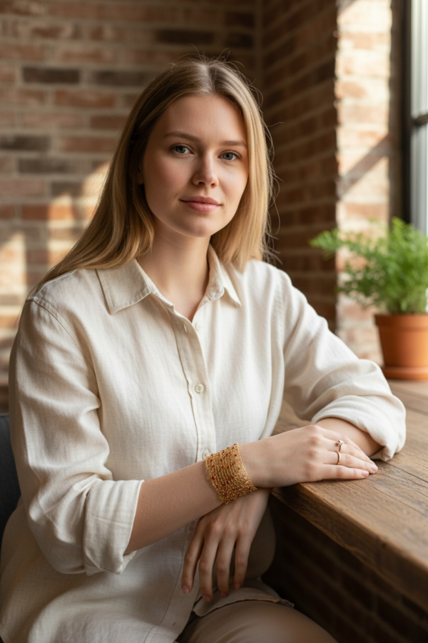 Gold Wire Mesh Cuff Bracelet with Red Beads – Handmade Boho Style