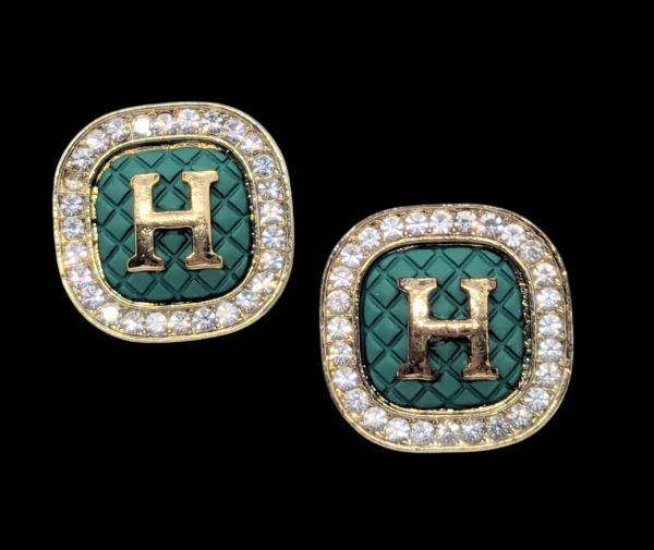 Green Enamel ‘H’ Monogram Earrings with Rhinestone Border Green Enamel ‘H’ Monogram Earrings with Rhinestone Border