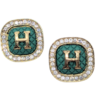 Green Enamel ‘H’ Monogram Earrings with Rhinestone Border Green Enamel ‘H’ Monogram Earrings with Rhinestone Border