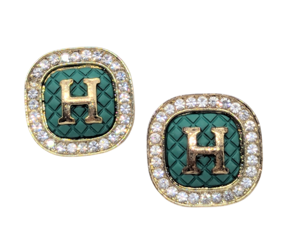 Green Enamel ‘H’ Monogram Earrings with Rhinestone Border Green Enamel ‘H’ Monogram Earrings with Rhinestone Border
