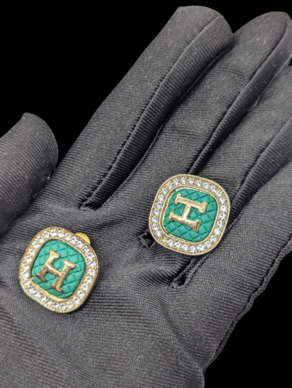 Green Enamel ‘H’ Monogram Earrings with Rhinestone Border Green Enamel ‘H’ Monogram Earrings with Rhinestone Border