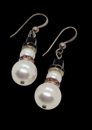 Pearl Drop Earrings with Black Beads and Pink Crystals – Lightweight Design