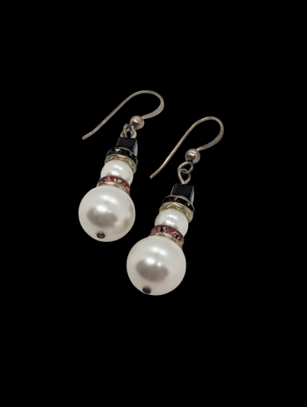 Pearl Drop Earrings with Black Beads and Pink Crystals – Lightweight Design Pearl Drop Earrings with Black Beads and Pink Crystals – Lightweight Design