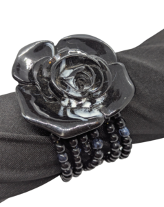 Vintage Black Beaded Stretch Bracelet with Acrylic Rose – Late 20th Century