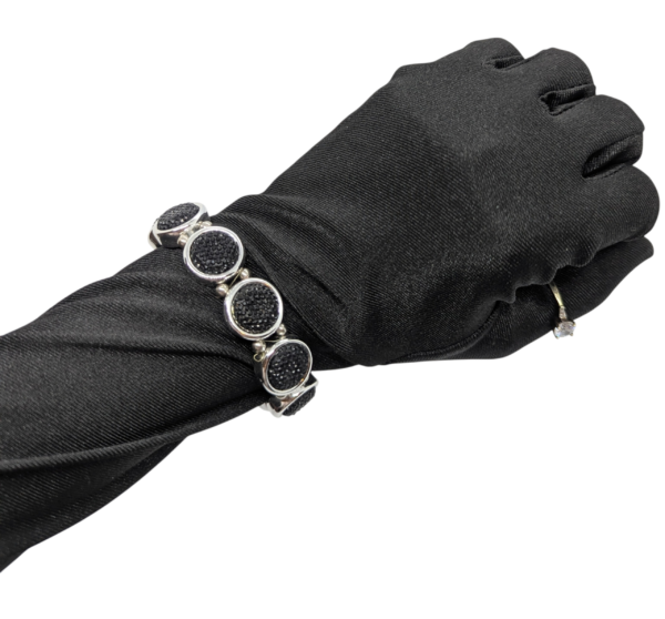 Black Textured Bead Stretch Bracelet with Silvertone Panels