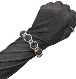 Black Textured Bead Stretch Bracelet with Silvertone Panels