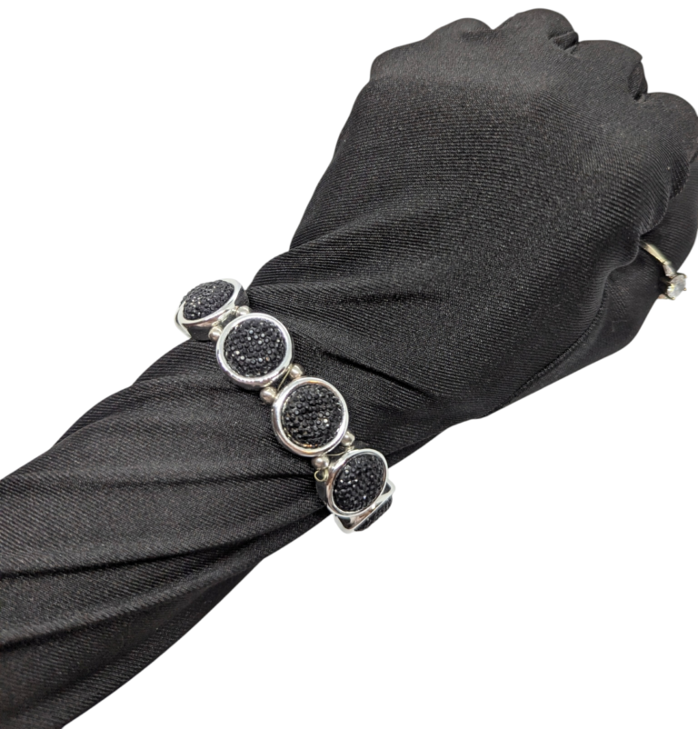 Black Textured Bead Stretch Bracelet with Silvertone Panels