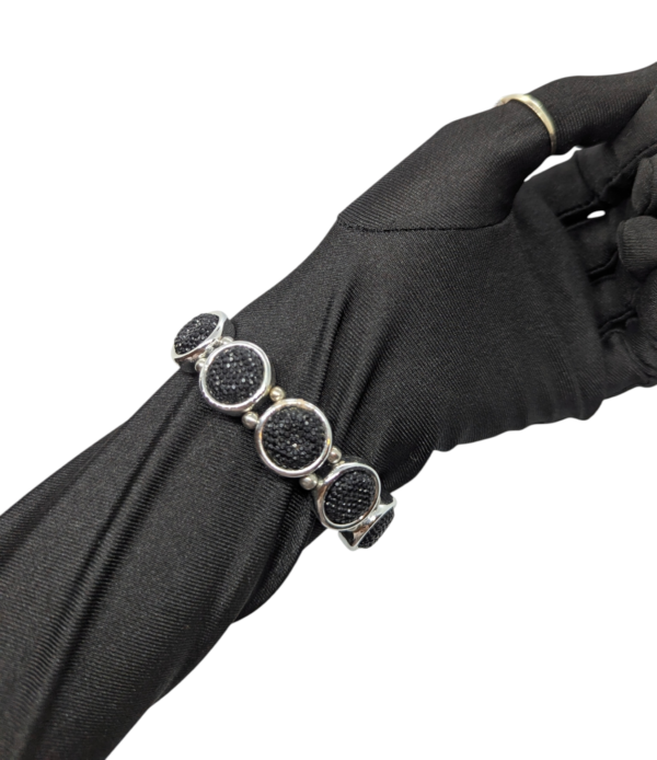 Black Textured Bead Stretch Bracelet with Silvertone Panels