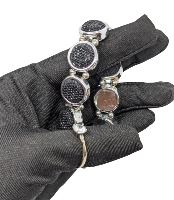 Black Textured Bead Stretch Bracelet with Silvertone Panels